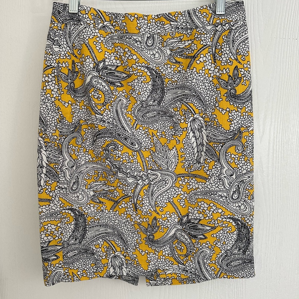 J. Crew Yellow and Black Paisley Pencil Skirt
